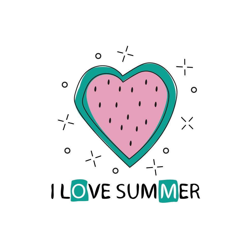vector print met watermeloen en belettering. ik hou van de zomer. afdrukbare banner