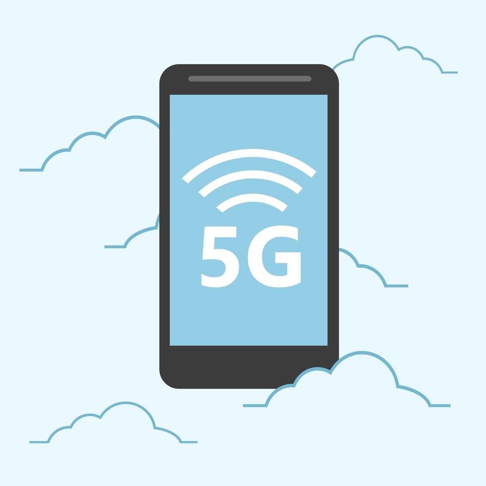 5g-sjabloon met vliegende smartphone. hoge snelheid mobiele webtechnologie vector