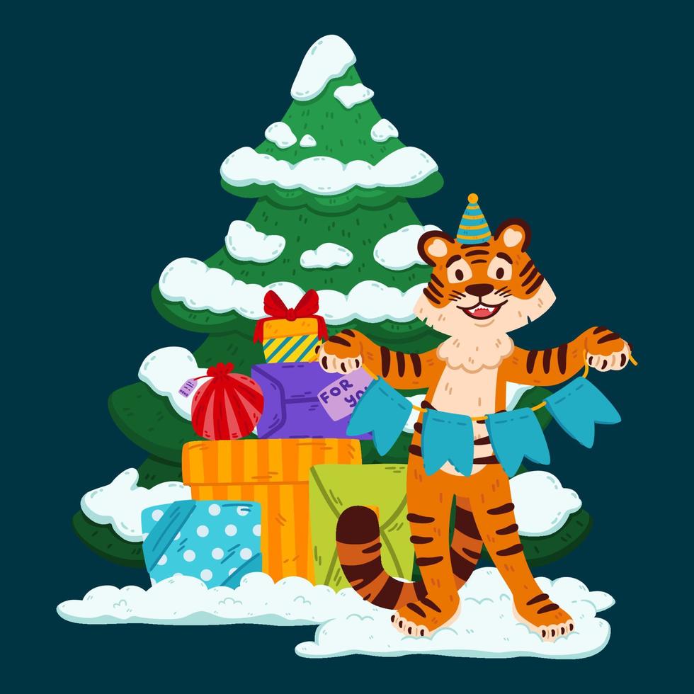 lachende tijger met feestmuts, feestelijke slingervlaggen, cadeautjes en kerstboom. Chinees dierenriemdier. symbool van het nieuwe jaar 2022, 2034. vectorillustratie geïsoleerd op een witte achtergrond. vector