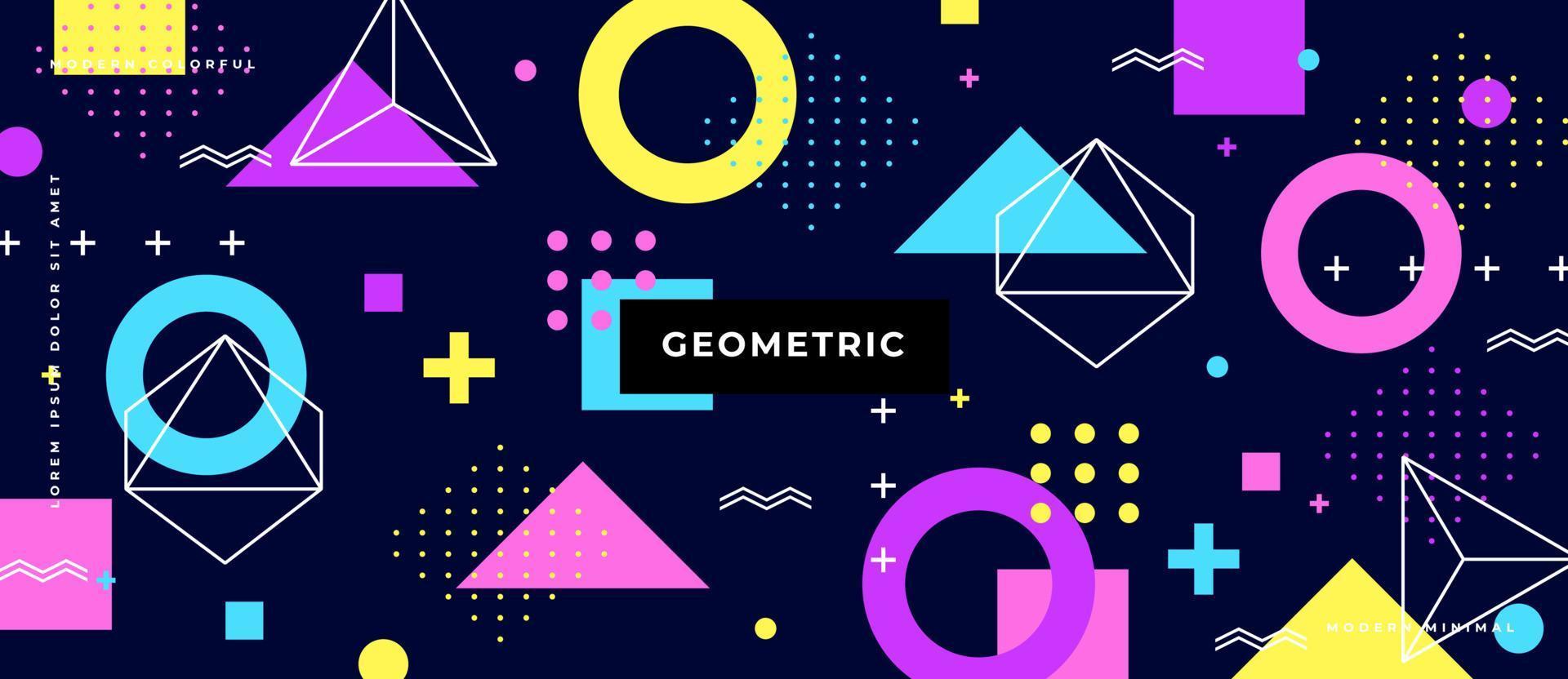 achtergrond in de stijl van de jaren 80 met veelkleurige geometrische vormen op de donkerblauwe achtergrond. illustratie voor hipsters memphis stijl. vector