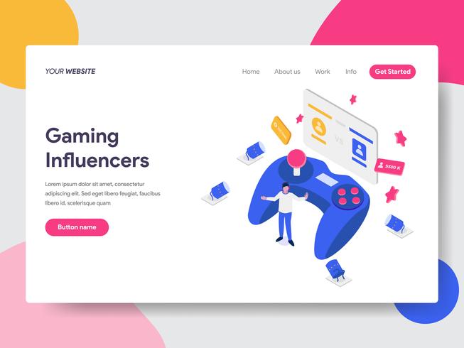 Landingspagina sjabloon van Gaming Influencers Illustratie Concept. Isometrisch plat ontwerpconcept webpaginaontwerp voor website en mobiele website Vector illustratie