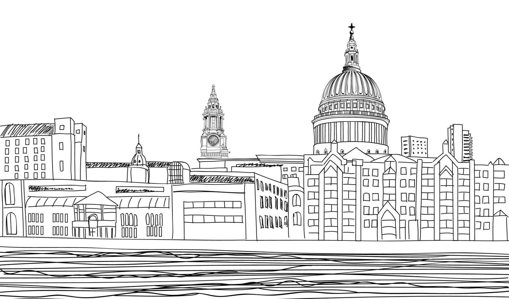 St Paul's Kathedraal. londen stadslandschap met rivier de theems, engeland uk. hand getrokken potlood vectorillustratie reizen skyline. vector