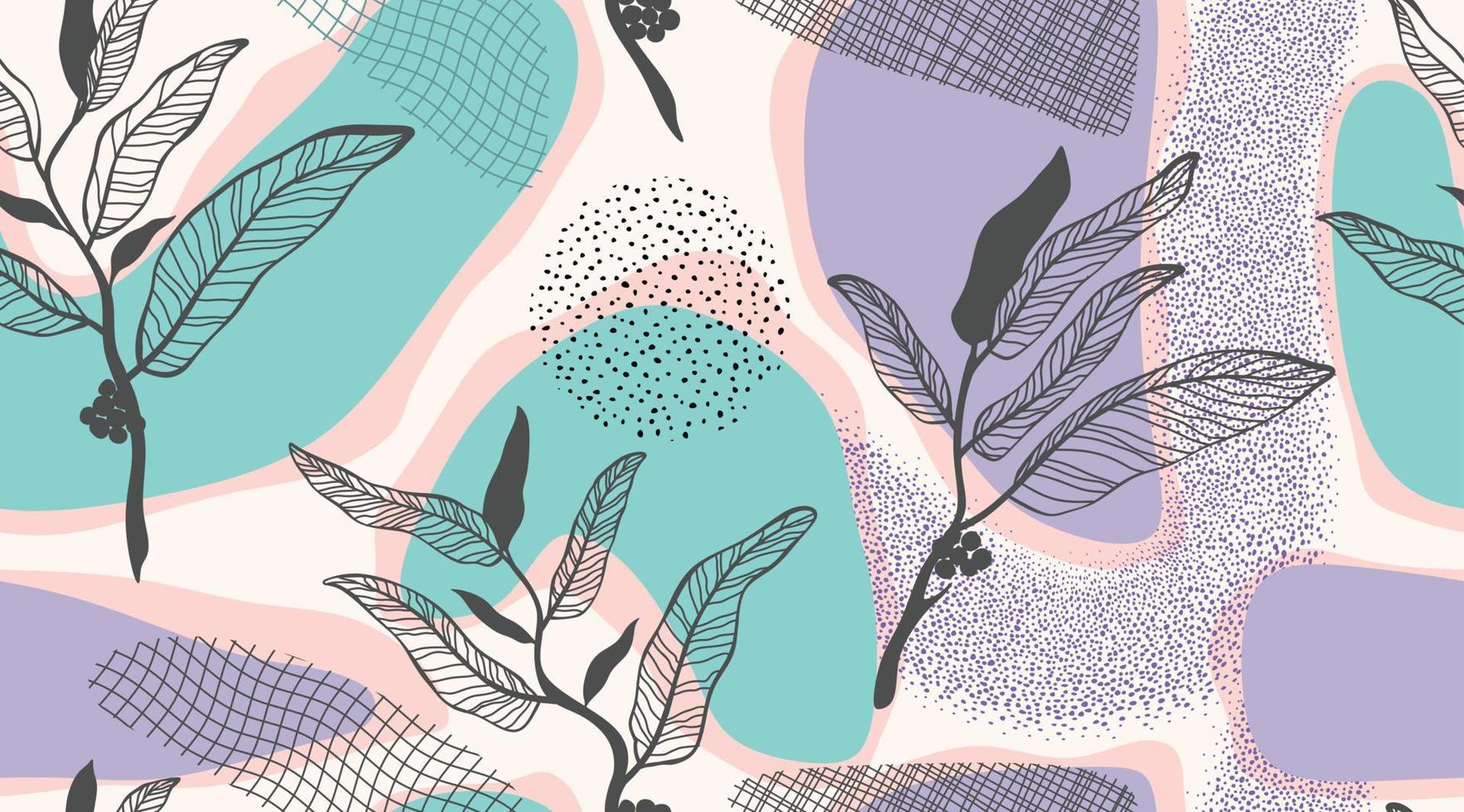 tropische bladeren hand getekende naadloze patroon. botanisch trendy design in roze en groene kleuren. vector herhalend ontwerp voor stof, behang of inpakpapier.