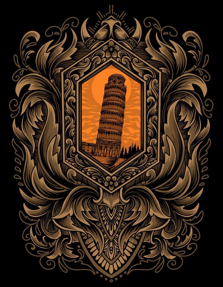 illustratie vector pisa toren met vintage gravure ornament