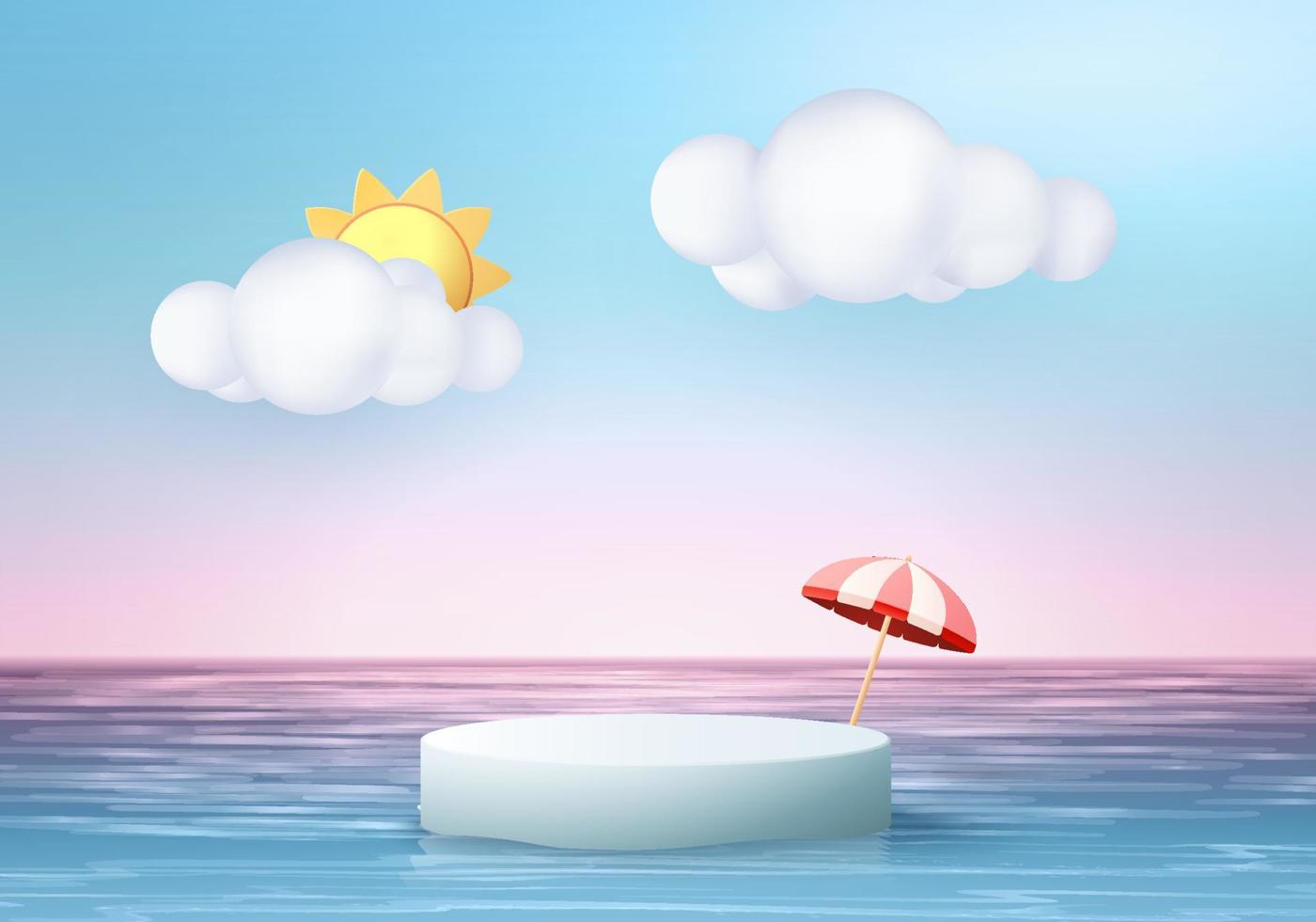 3D zomer achtergrond product display podium scène met cloud platform. zomer achtergrond vector 3d render op oceaan, podium in zee. stand show cosmetisch product display blauwe lucht