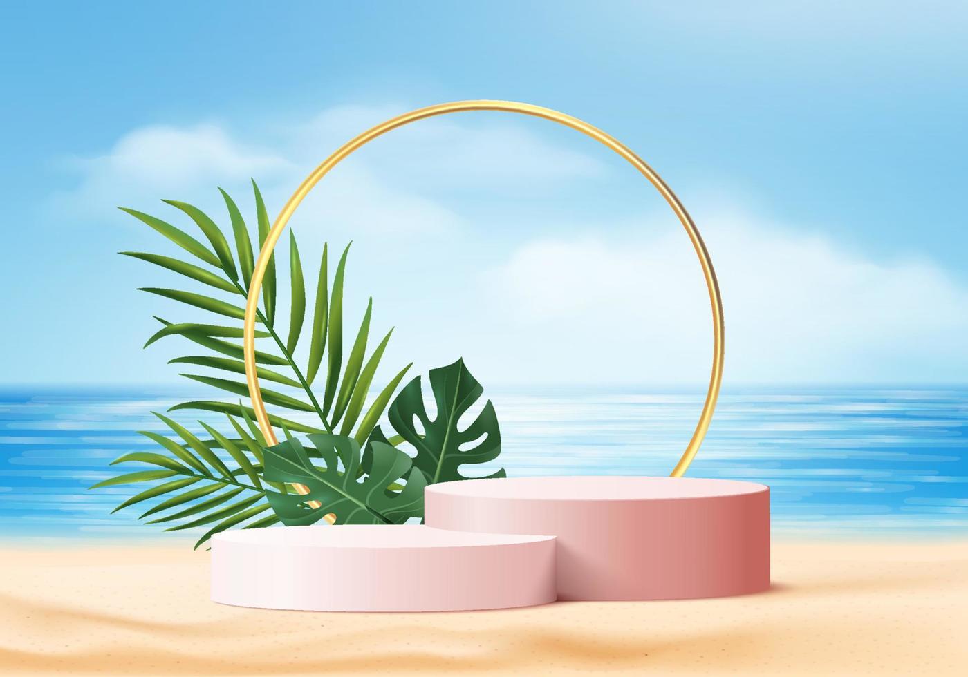 zomer achtergrond 3D-product display platform scène met palmbladeren platform. sky cloud zomer achtergrond vector 3D render op de oceaan display. podium op de displaystandaard voor cosmetische producten op het zandstrand