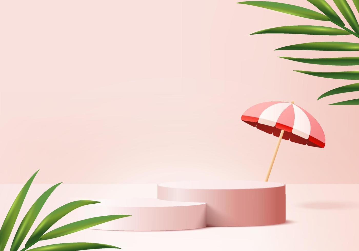 3D-achtergrondproducten tonen podiumscène met palmbladzomerplatform. achtergrond vector 3D render met paraplu podium. stand om cosmetisch product te tonen. podium voetstuk display roze studio