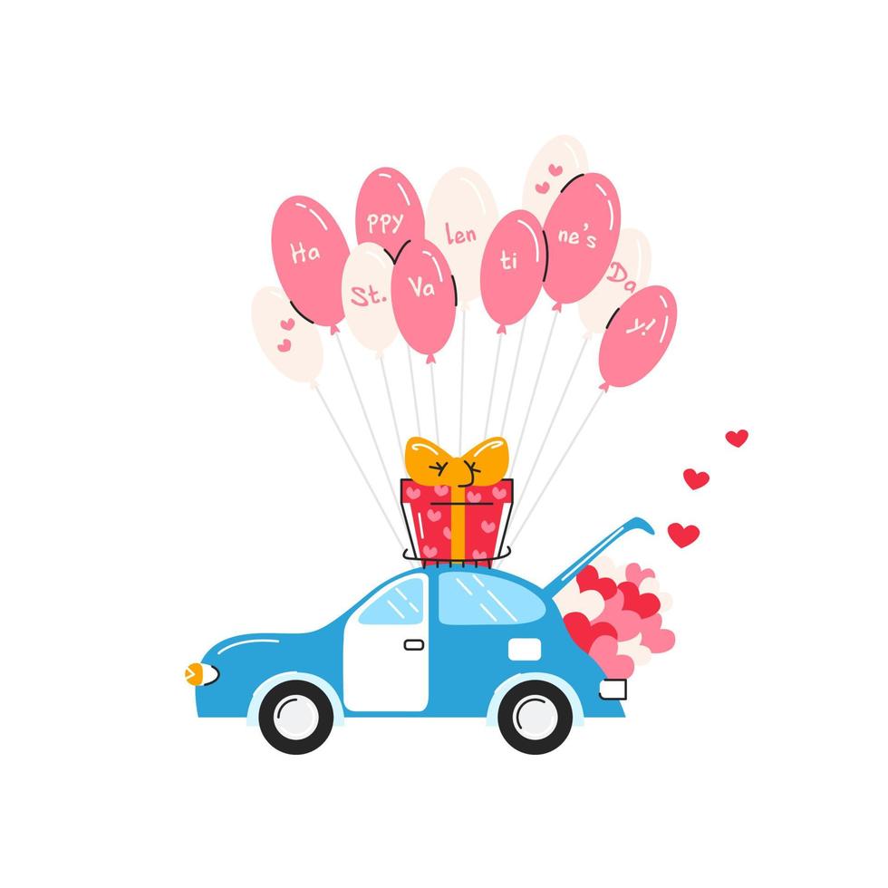 gelukkige Valentijnsdag vectorillustratie met auto geïsoleerd. retro blauw voertuig met groot cadeau, ballonnen, hartvormen. romantisch ontwerp voor wenskaart, sticker, poster, print. schattige liefde platte symbolen vector