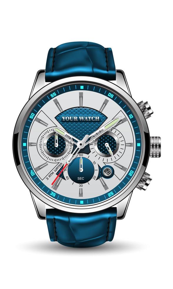 realistische klok horloge sport chronograaf blauw zilver rood staal voor mannen luxe op witte achtergrond object vector