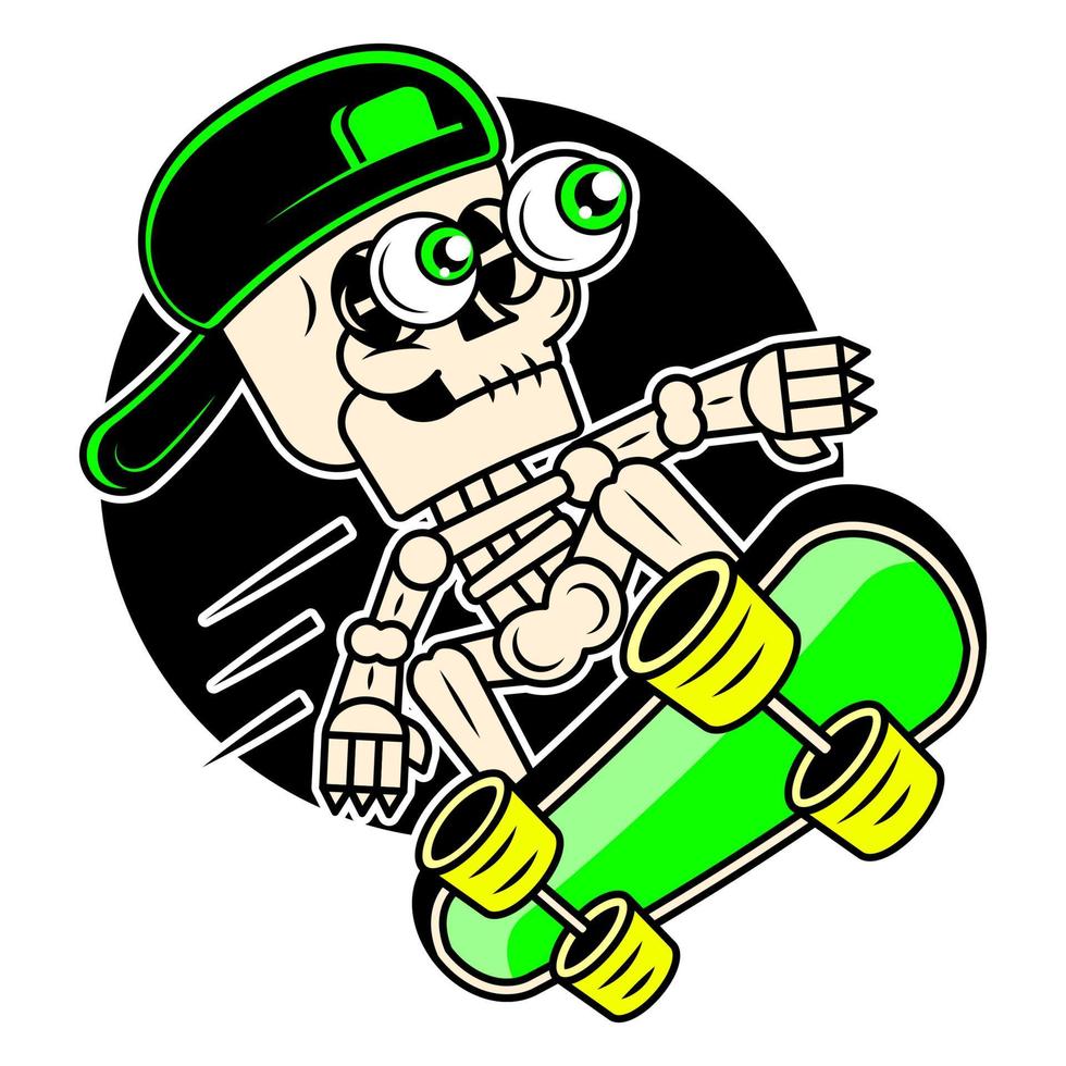 cartoon skelet met sjaal rijden skateboard, slippen skateboarden vector