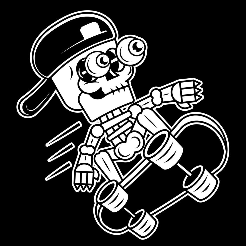 cartoon skelet met sjaal rijden skateboard, slippen skateboarden vector