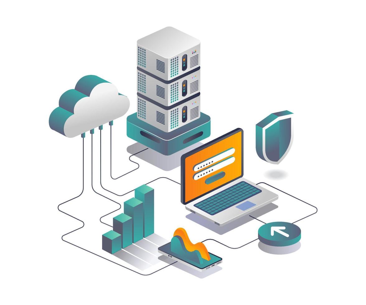 analyse van gegevensbeveiliging van cloudservers in isometrisch ontwerp vector