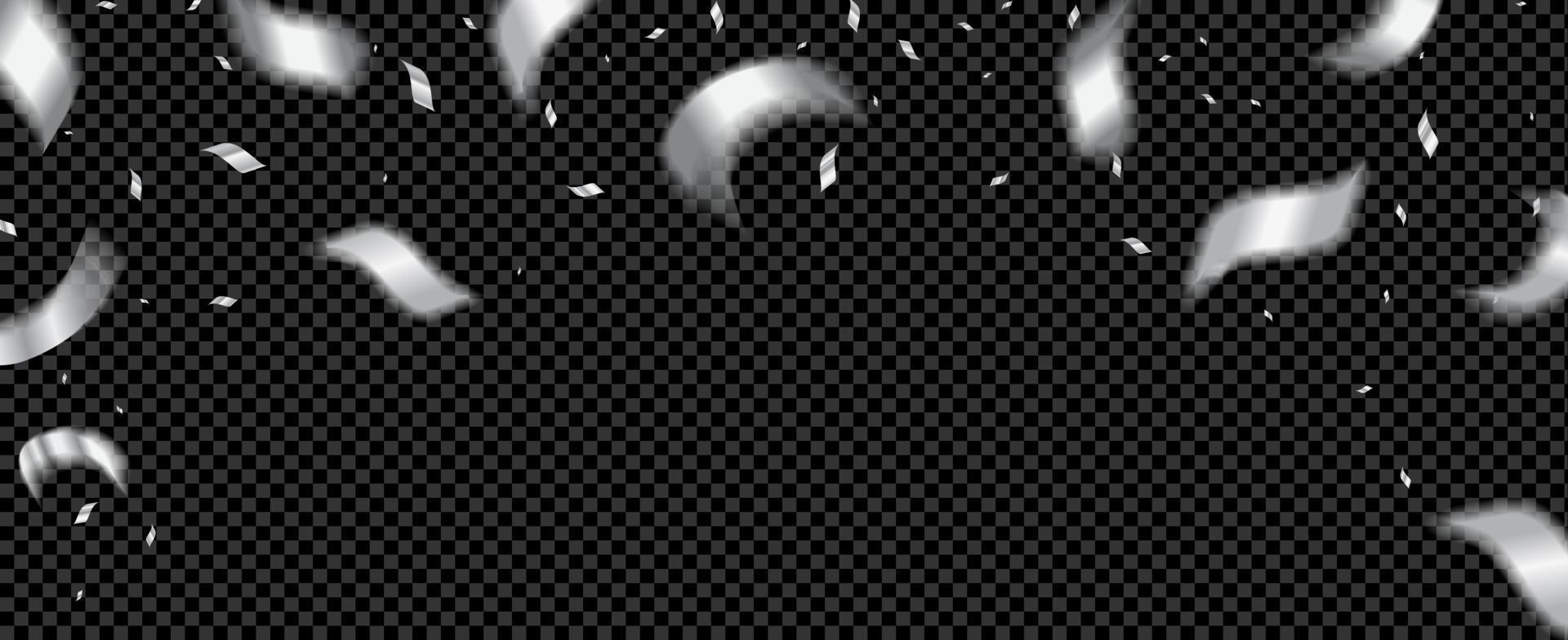 vallende zilveren confetti en kronkelige stukjes wazig in beweging. kerst feestelijke illustratie voor overlay. realistische stijl. op een zwarte achtergrond. vector. vector