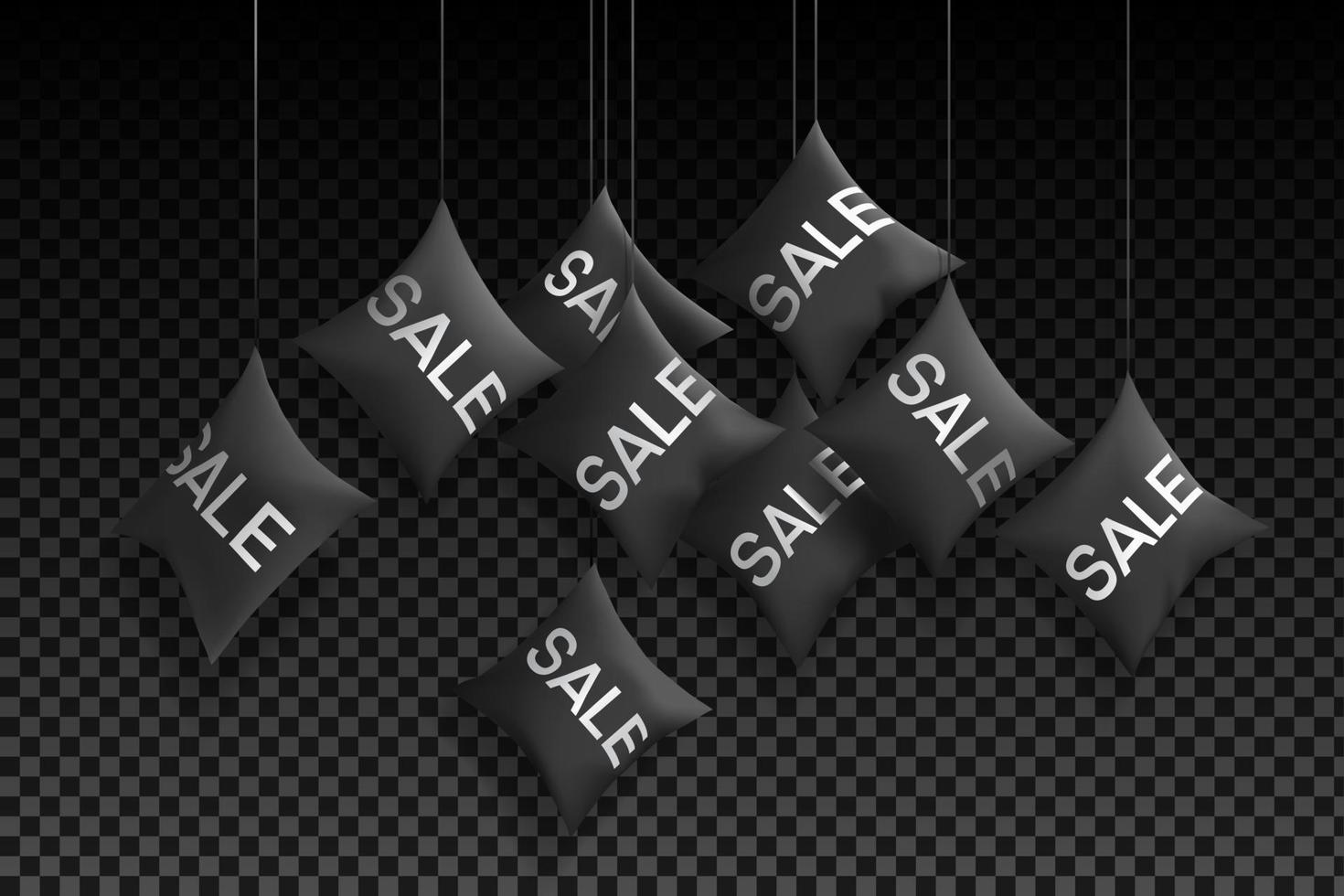 reclame-tags. hangende kussens met de woorden verkoop, kortingen. decorelement voor zwarte vrijdag. realistische 3D-stijl. op een transparante achtergrond. vectorillustratie. vector