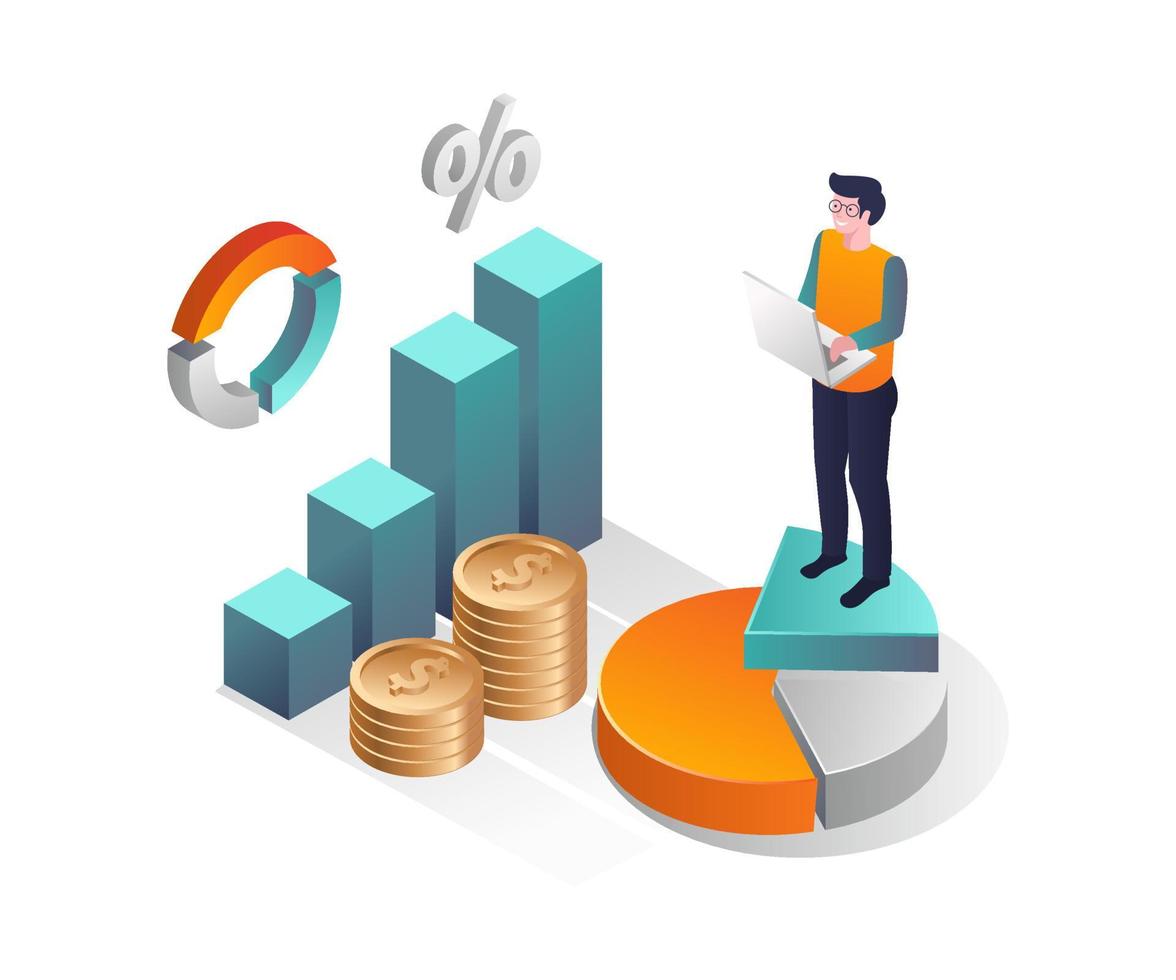 investeerders die zich op cirkeldiagram in isometrisch ontwerp bevinden vector