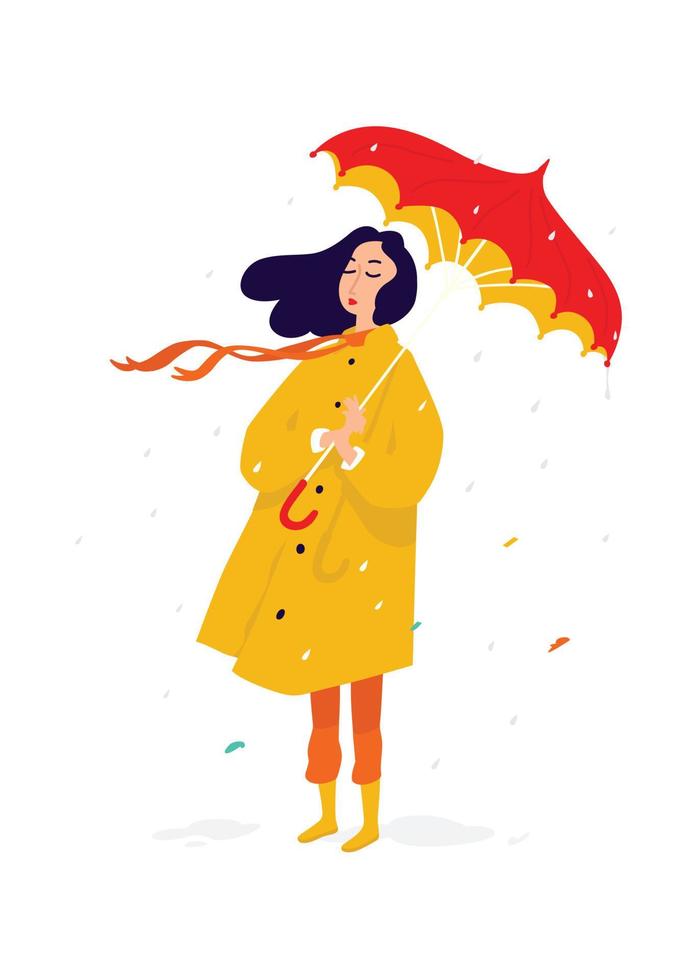 illustratie van een verdrietig meisje in een gele regenjas. vector. een vrouw onder een paraplu bij regenachtig weer is verdrietig en verdrietig. depressie en meloncholie. regenachtige herfstdag. vector