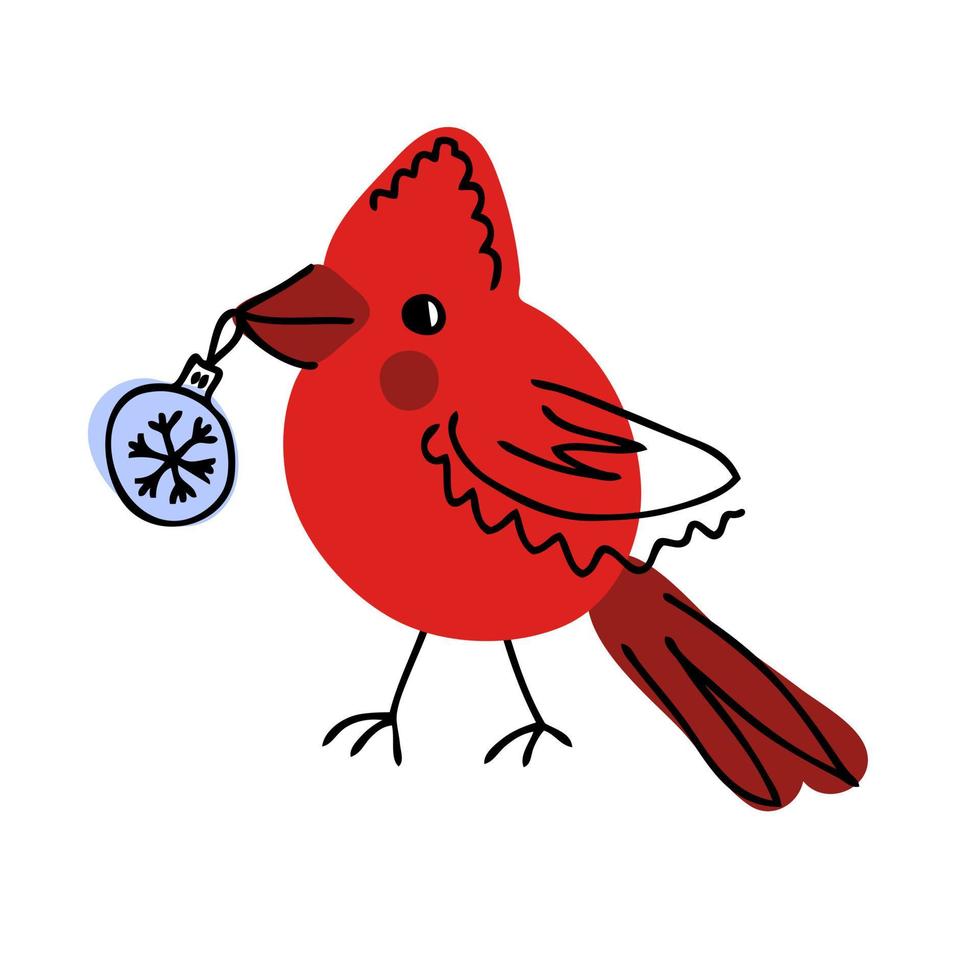 hand getekende noordelijke kardinaal vogel met kerst speelgoed in snavel. vector