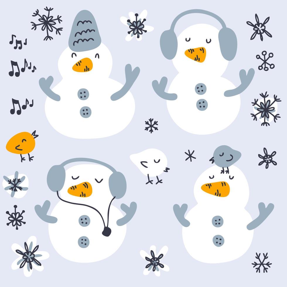 handgetekende muzikale sneeuwmannen en vogels collectie. vector