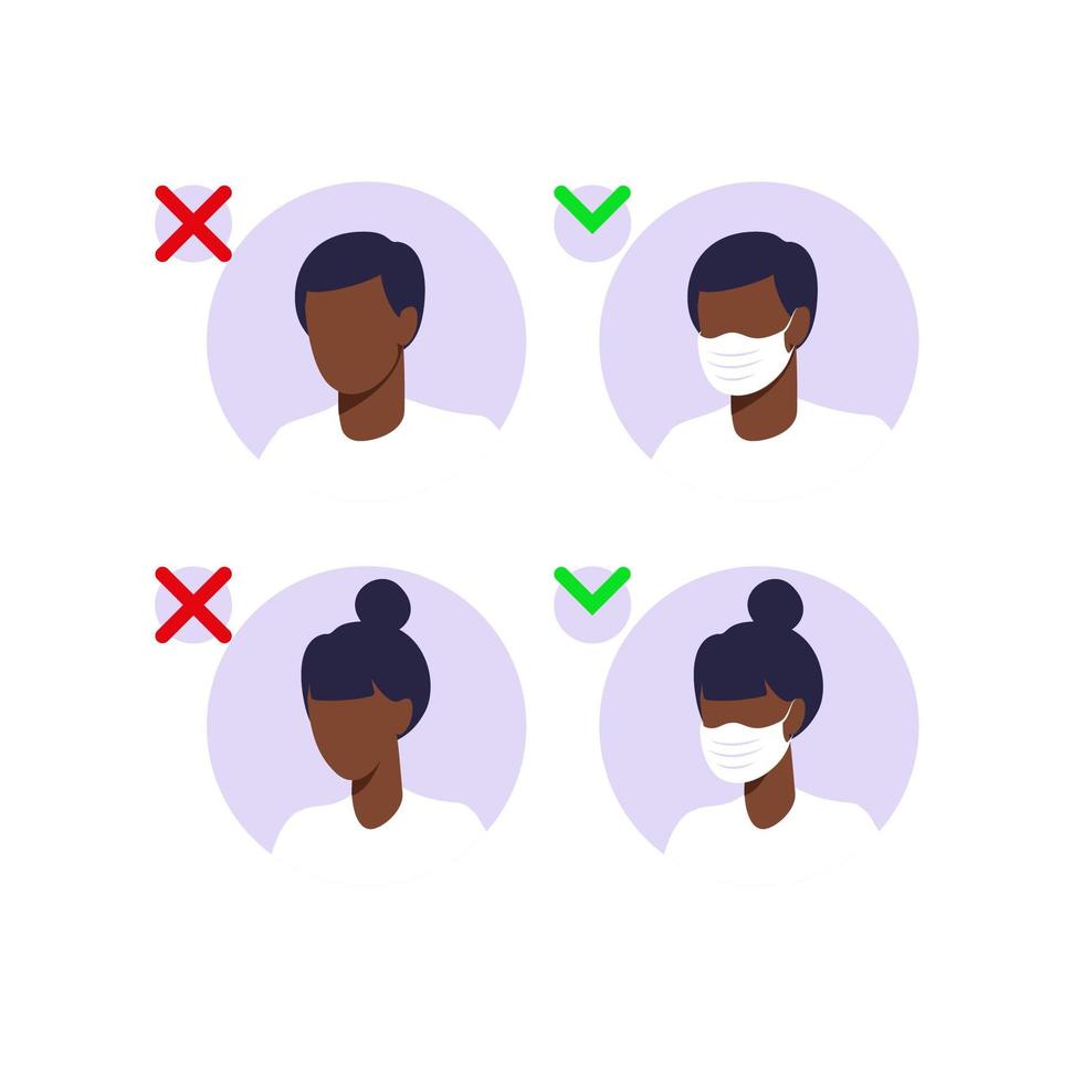 Afrikaanse man en vrouw die gezichtsmaskers dragen. stop pandemisch concept. mensen die bescherming dragen tegen virussen, stedelijke luchtvervuiling, smog, damp, uitstoot van vervuilende gassen. vectorillustratie in flat. vector
