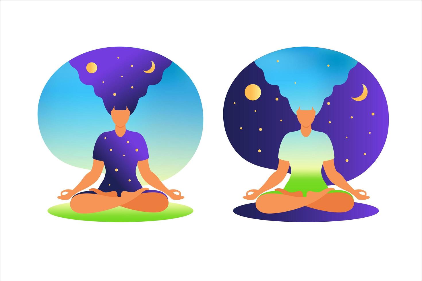 vrouw mediteren met natuur achtergrond en haar haar omhoog. meditatie concept. vrouw zitten in lotushouding meditatie beoefenen. in lotushouding. vectorillustratie in vlakke stijl. vector