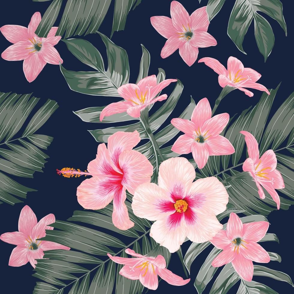 naadloze patroon bloemen met hibiscus en lelie bloemen op geïsoleerde roze pastel background.vector illustratie hand getrokken.for stof patroon print ontwerp of productverpakking. vector