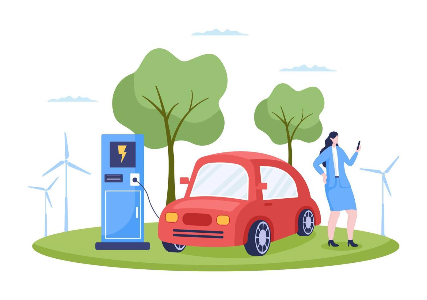 elektrische auto-accu's opladen met het concept van oplader en kabelstekkers die gebruik maken van groene omgeving, ecologie, duurzaamheid of schone lucht. vector illustratie