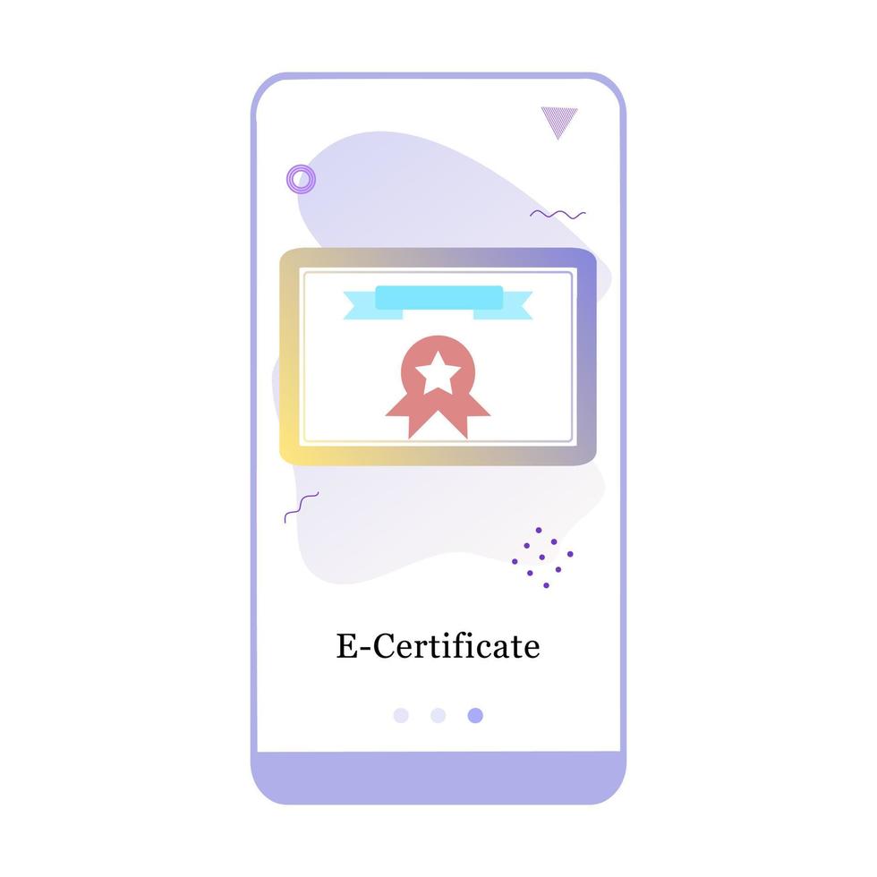 online certificaat, e-certificaat, afstudeerpapier mobiele app onboarding-scherm. menu vector banner sjabloon voor interface ux, ui gui scherm mobiele ontwikkeling. website ontwerp vlakke afbeelding.