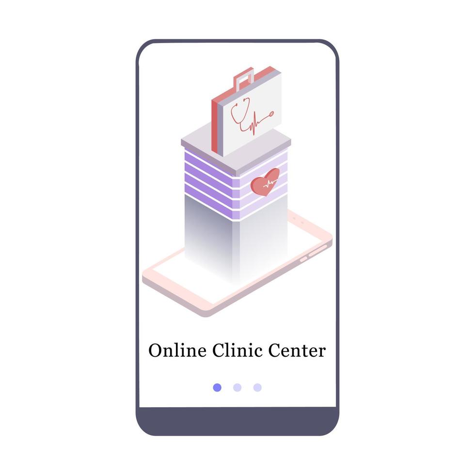 toepassingsontwerp voor medisch kliniekcentrum, ziekenhuis, online klinieklocatie op de kaart. ui onboarding schermontwerp. 3D isometrische sjabloonpagina voor mobiele apps aan boord. moderne platte vectorillustratie vector