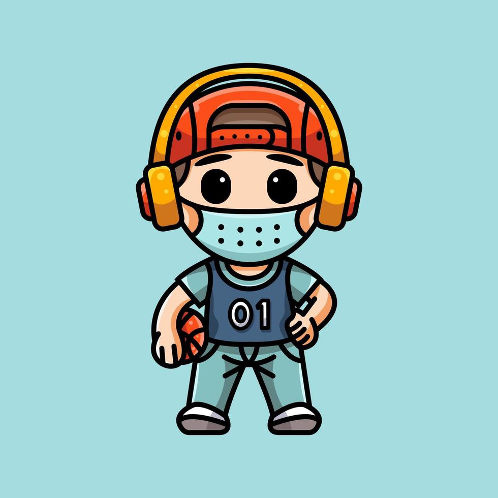 schattige basketbalspeler met masker voor karakter, sticker en illustratie. vector