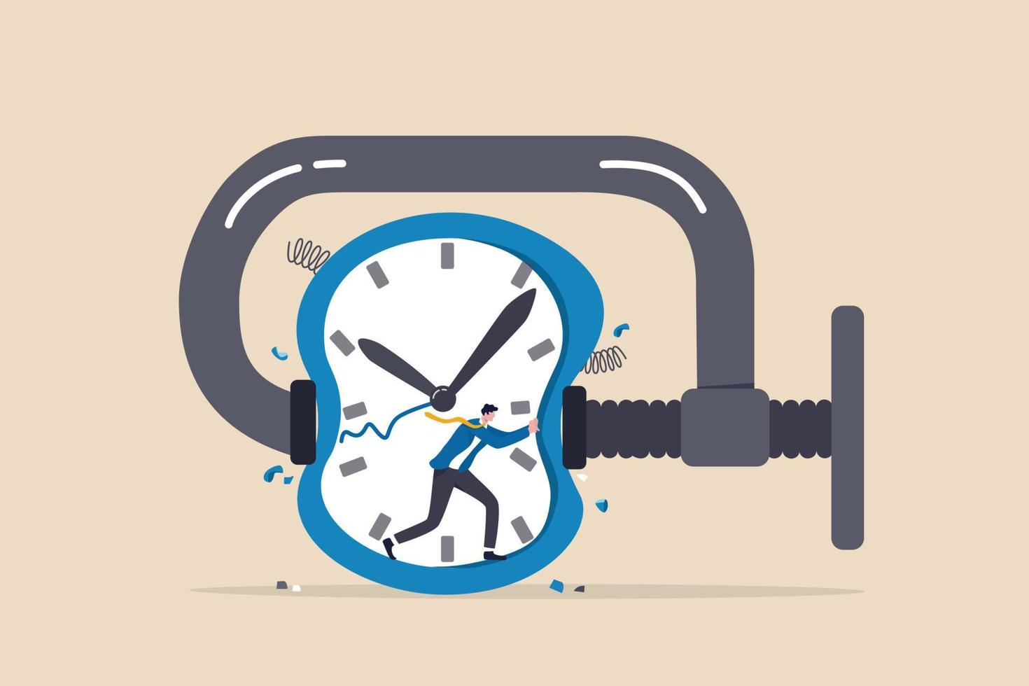 tijdsdruk of bijna geen tijd, stress of angst om het werk af te maken binnen een agressieve deadline of tijdmanagementconcept, gefrustreerde zakenman probeert de geperste timerklok te stoppen. vector