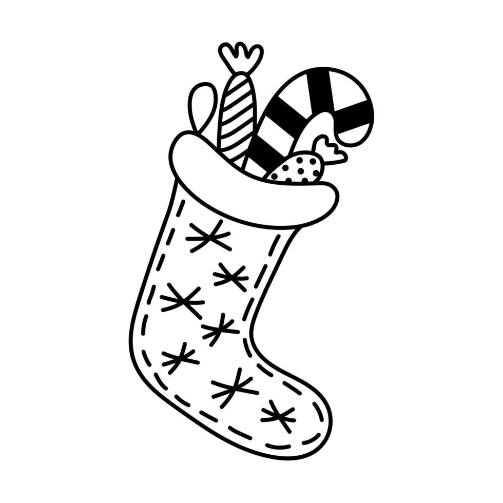 kerstsok met snoepjes in doodle-stijl. vector