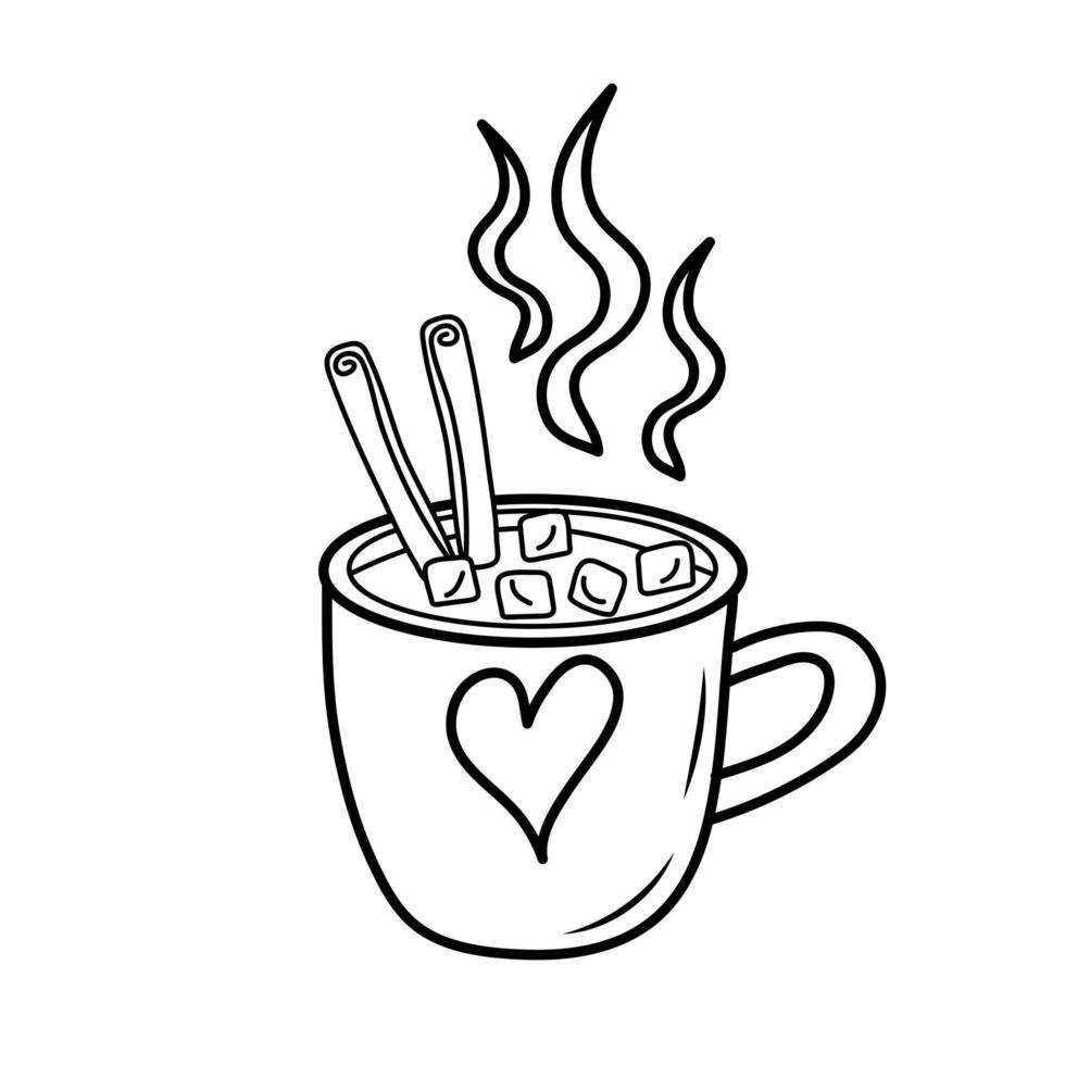 kopje warme drank met marshmallows en kaneel in doodle-stijl. vector