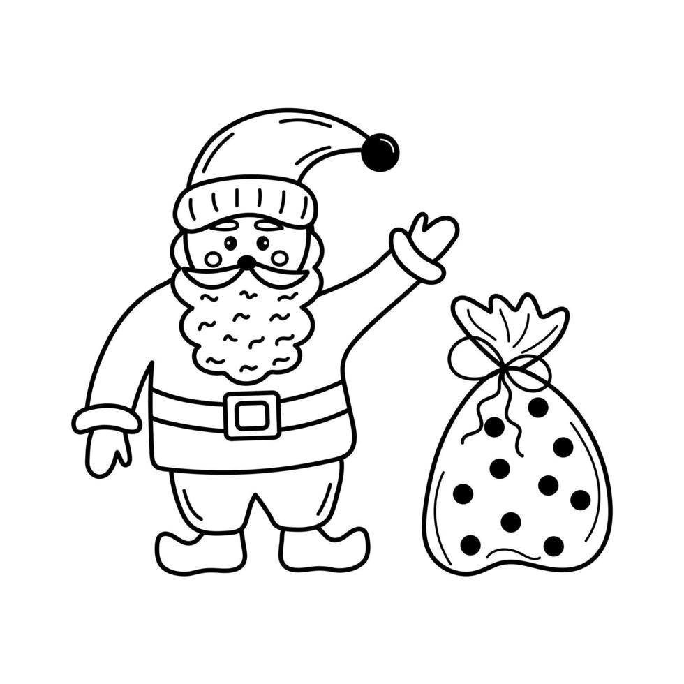 kerstman met zak met geschenken in doodle-stijl. vector