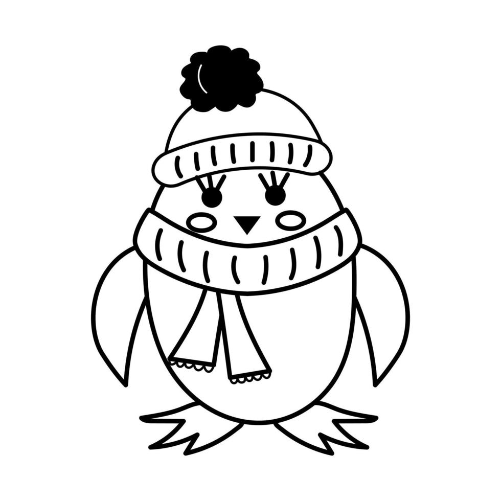 schattige pinguïn met muts en sjaal in doodle-stijl. vector