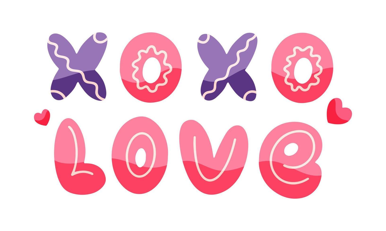 xoxo en liefde - belettering voor Valentijnsdag. set van heldere woorden en harten geïsoleerd op een witte achtergrond. vectorillustratie voor decoraties voor de feestdagen vector