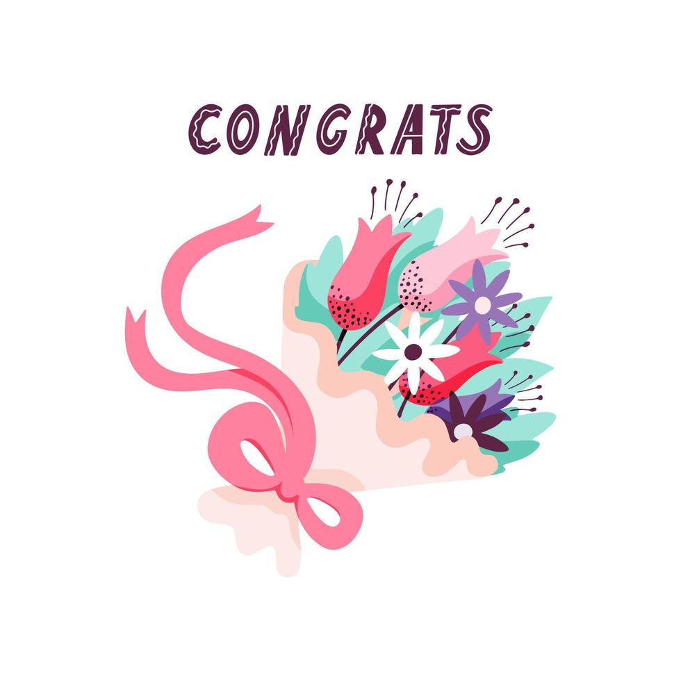 gefeliciteerd belettering met een boeket bloemen en andere florale decoratie-elementen, geïsoleerd op een witte achtergrond. vectorillustratie met het opschrift gefeliciteerd vector