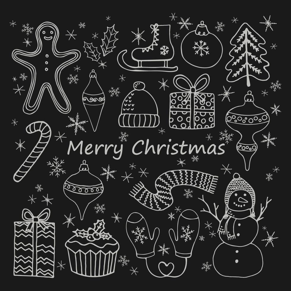 kleurrijke stickerset. sneeuwpop, wanten, cupcake, kerstboom, nieuwjaarsspeelgoed, koekje, hoed, schaatsen, cadeau, sneeuwvlokken, zoete stok. concept vakanties. hand getekende vectorillustratie in doodle stijl. vector