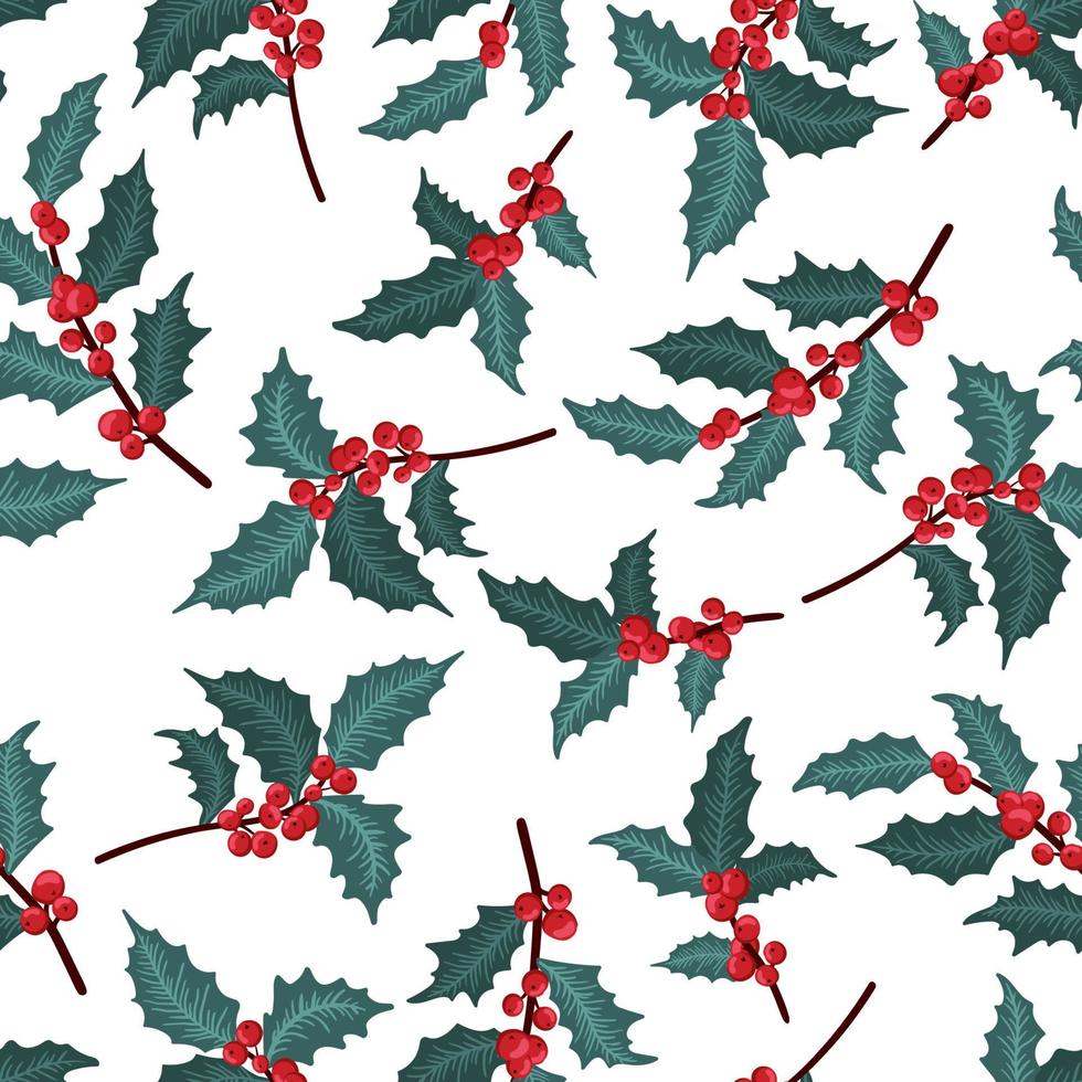 naadloos patroon met winterplanten, hulstbes, lijsterbes. feestelijke amerikaanse traditionele sierlijke voor nieuwjaar, kerstmis. handgetekende vectorillustratie voor inpakpapier, textieldruk vector