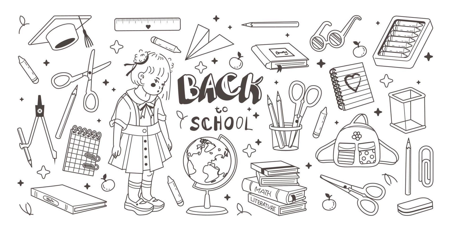 doodle collectie van schoolbenodigdheden. hand getekende illustratie. terug naar schoolconcept. vector op witte achtergrond