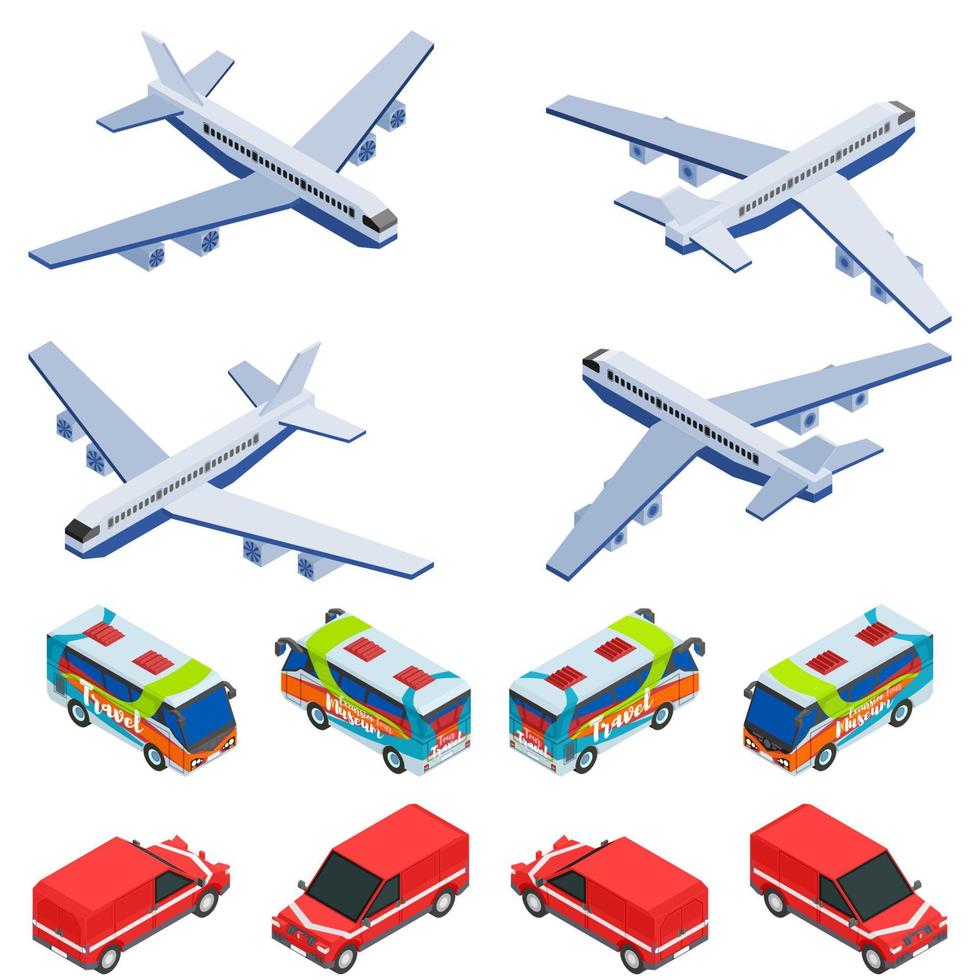 selectie van isometrische transportauto's en vliegtuigen vector