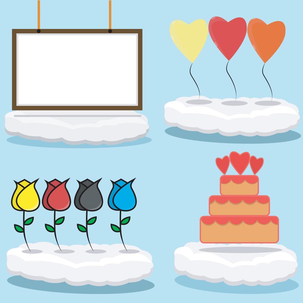 vectorillustratie van pictogram wit bord. ballonnen, rozen, cake op wolken en blauwe kleur achtergrond. vector