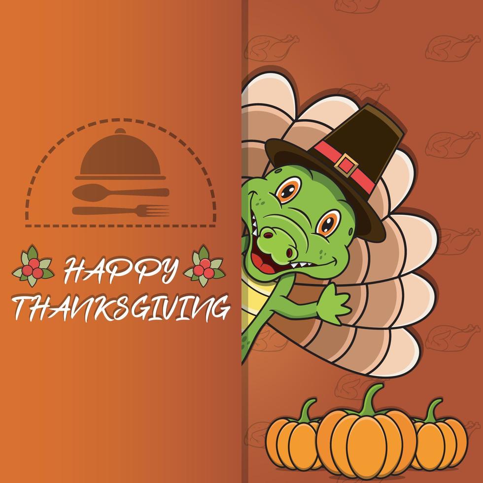 Thanksgiving-kaart met krokodil Characterdesign. vrolijke Thanksgiving. perfect voor het ontwerpen van wenskaarten, posters of flyers. vector