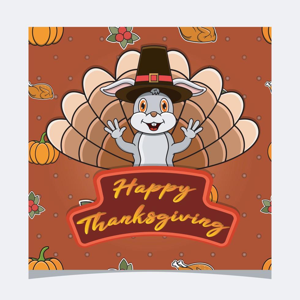 gelukkige Thanksgiving-kaart met schattig konijn Characterdesign. wenskaart, poster, flyer en uitnodiging. vector