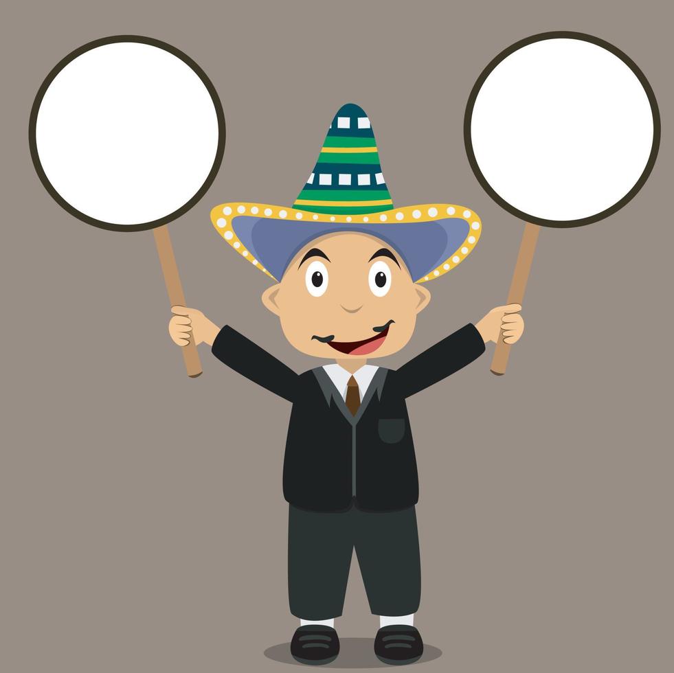 vectorillustratie van mexico jongen met twee lege banner en bruine kleur achtergrond. vector