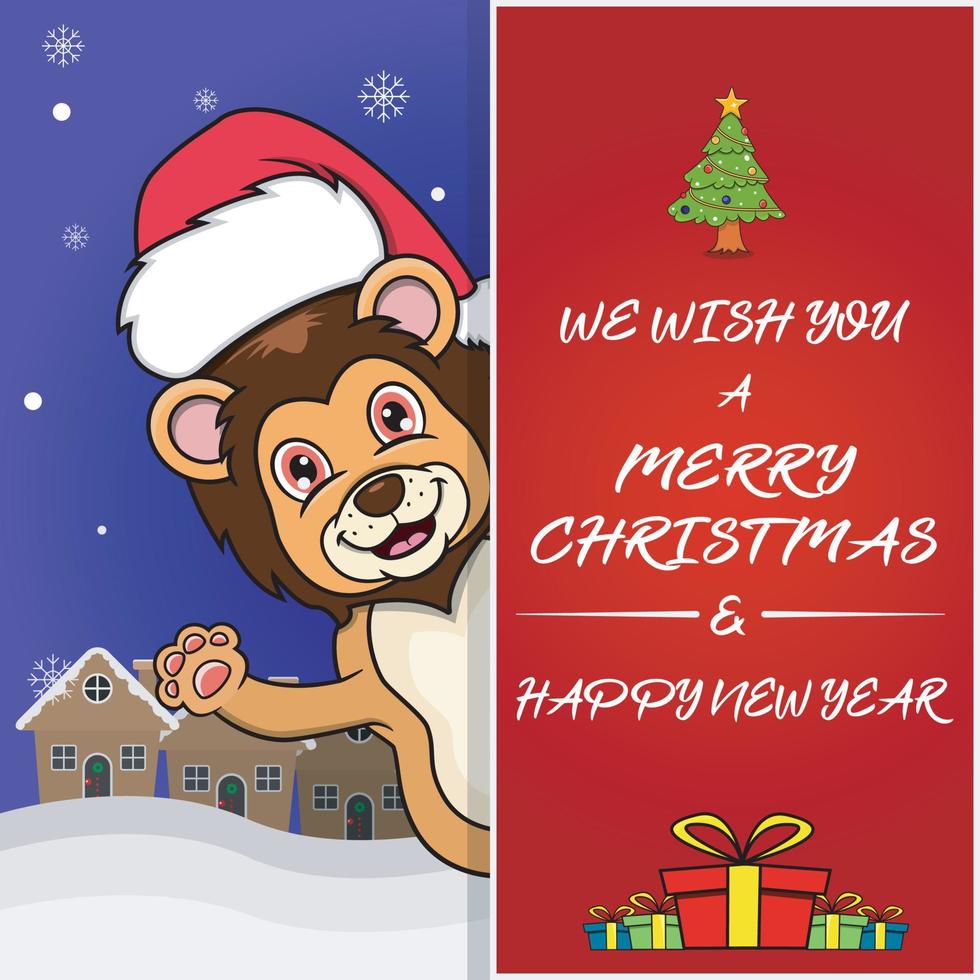 merry christmas-wenskaart, flyer, uitnodiging en poster. schattig leeuw Characterdesign met hoed. vector