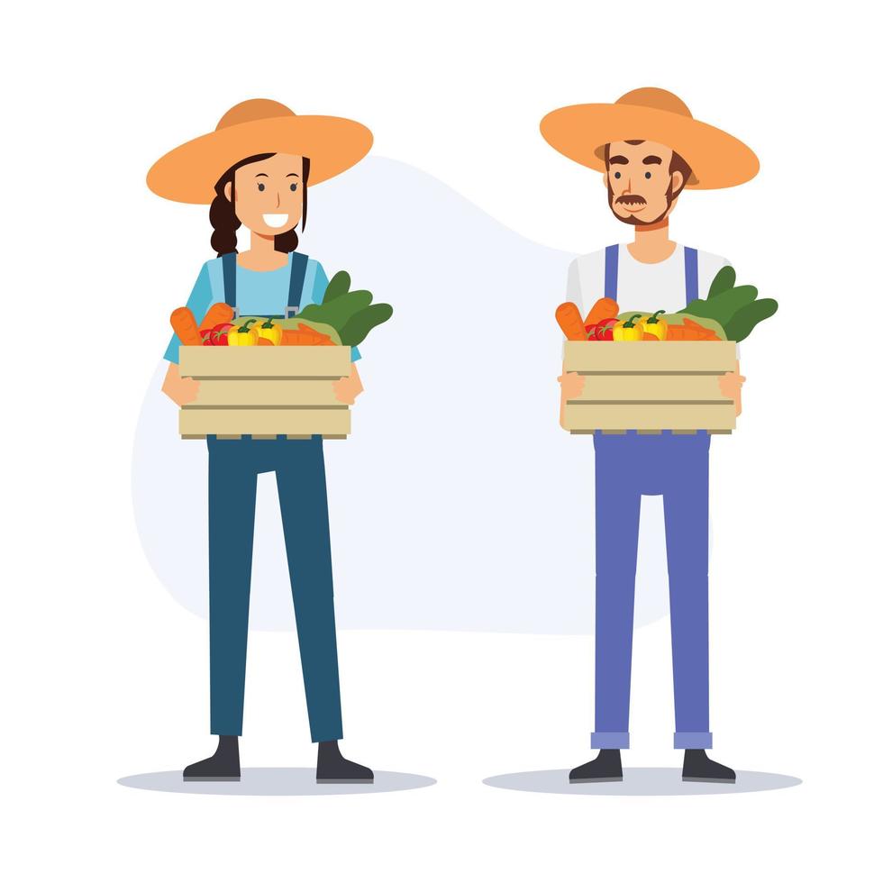 landbouw concept, set van gelukkige boer dragen hun de product.flat vector 2d cartoon karakter illustratie.