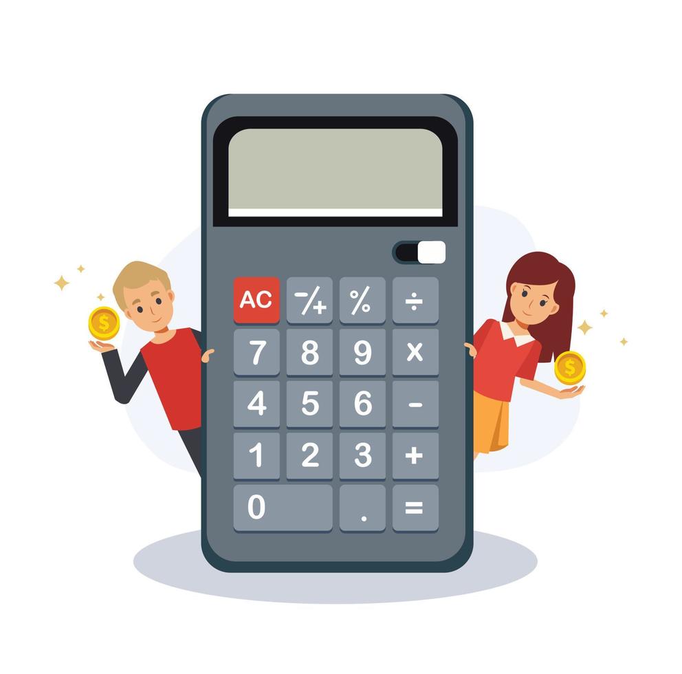 besparingen geld concept Financiën, kind verzamelde money.kid met grote calculator.flat vector 2d cartoon karakter illustratie.