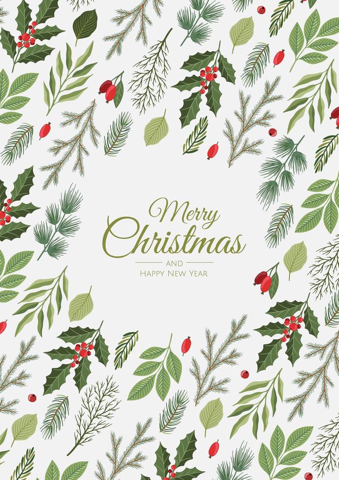 vrolijk kerstfeest en nieuwjaarskaarten met dennenkrans, maretak, winterplanten ontwerp illustratie voor groeten, uitnodiging, flyer, brochure. vector