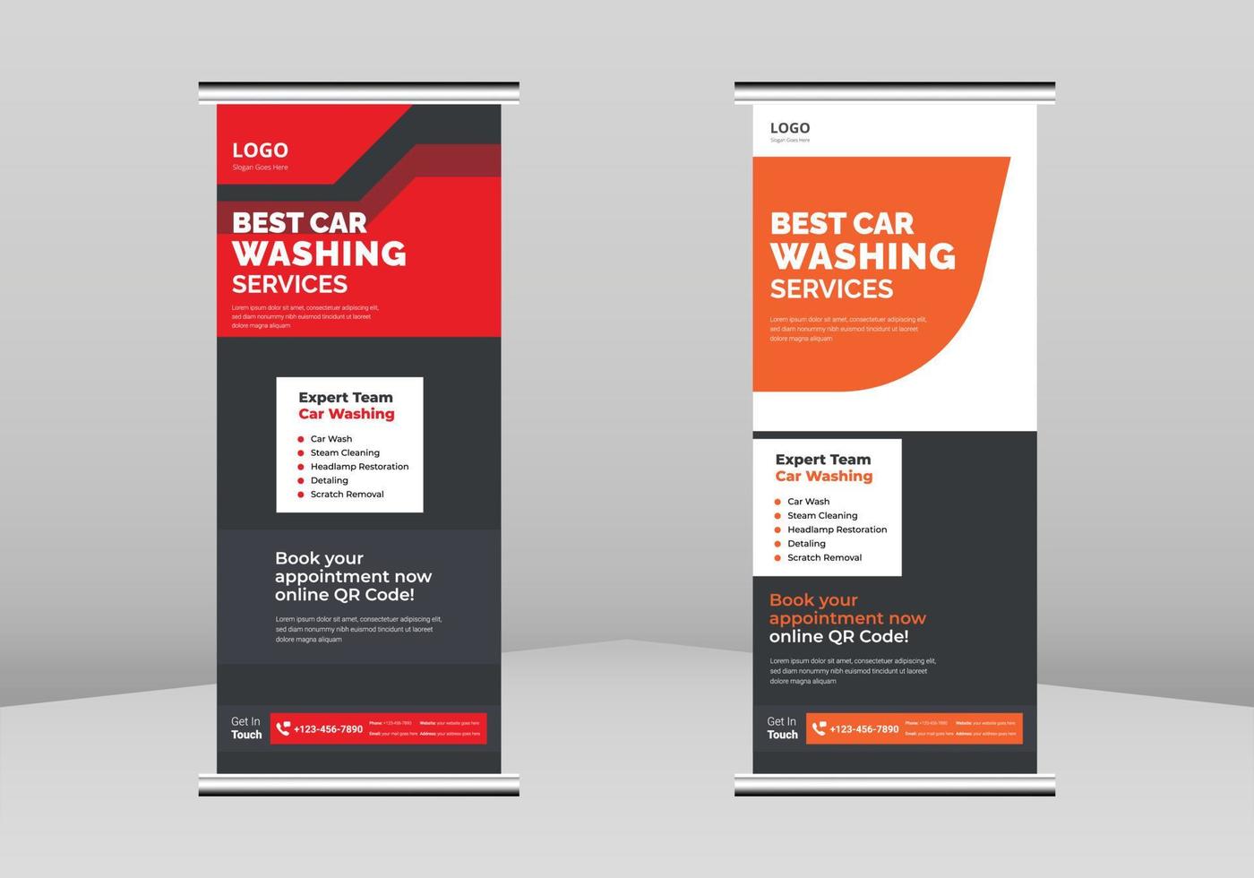 car wash roll up banner ontwerp, express car wash service poster roll up folder sjabloon. auto detaillering service en car wash service flyer poster dl flyer, trend business roll-up banner ontwerp vector