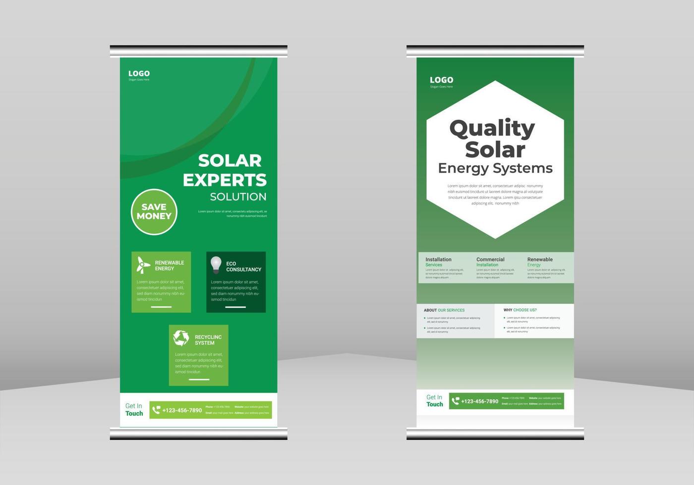 zonne-energie roll-up banner ontwerp, ga ggreen bespaar energie roll-up folder sjabloon. zonne-energie poster sjabloon. ga ggreen bespaar energie dl flyer, trend business roll-up bannerontwerp vector